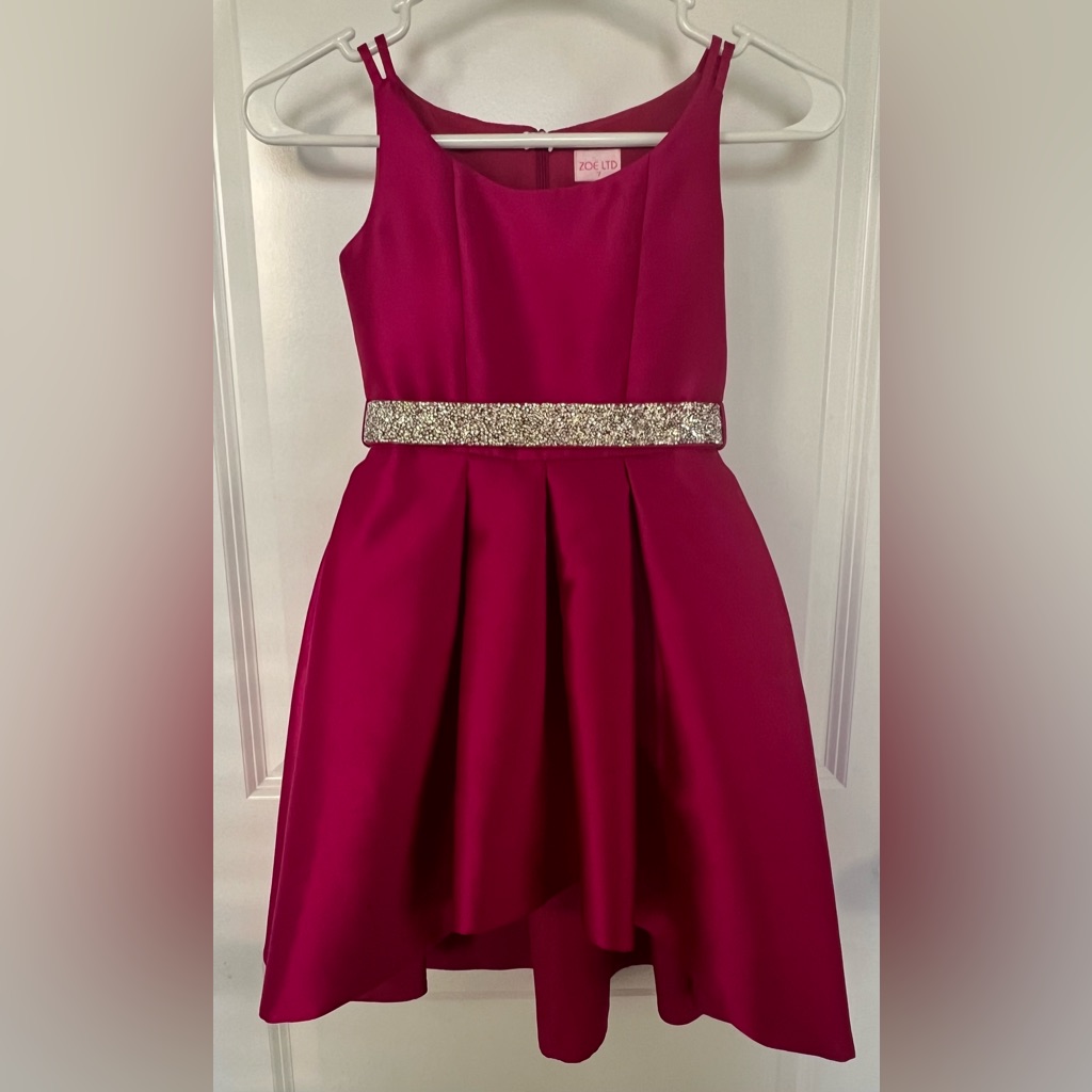Beautiful Zoe Ltd Hot Pink Girls High-Lo Hem, Crystal Belt Party Dress - Size 7
